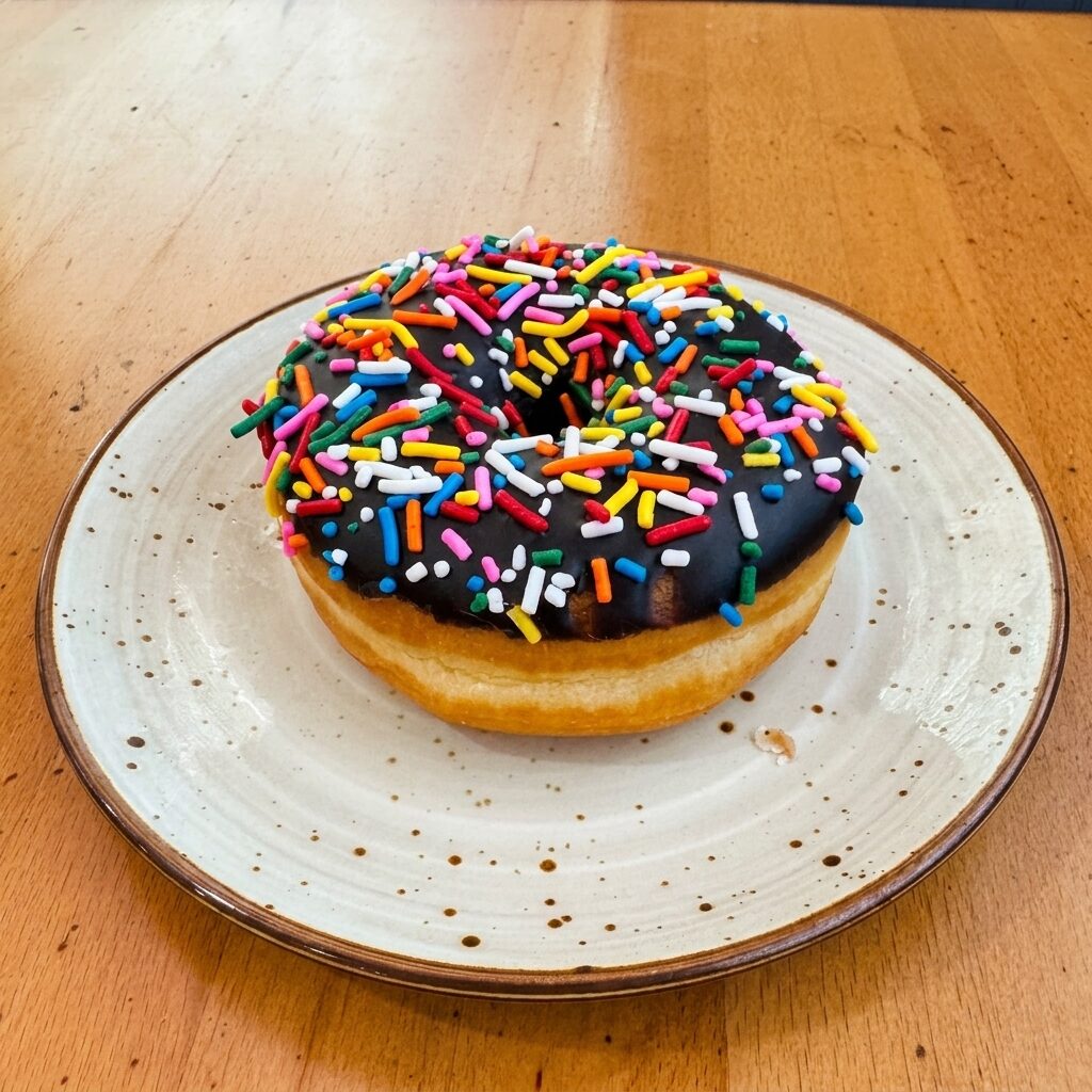 Chocolate Sprinkles donut — dark chocolate glaze with rainbow sprinkles