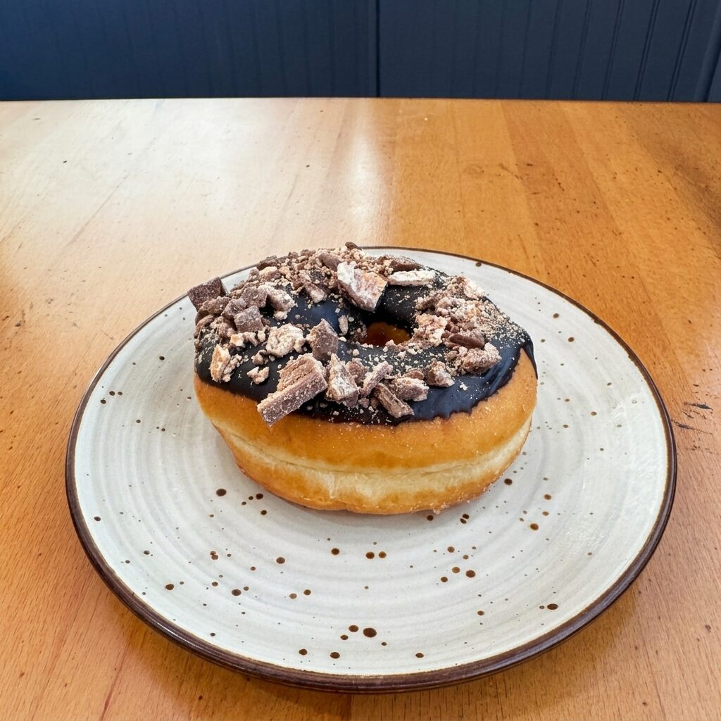 Chocolate Toffee donut — dark chocolate glaze with toffee crumble