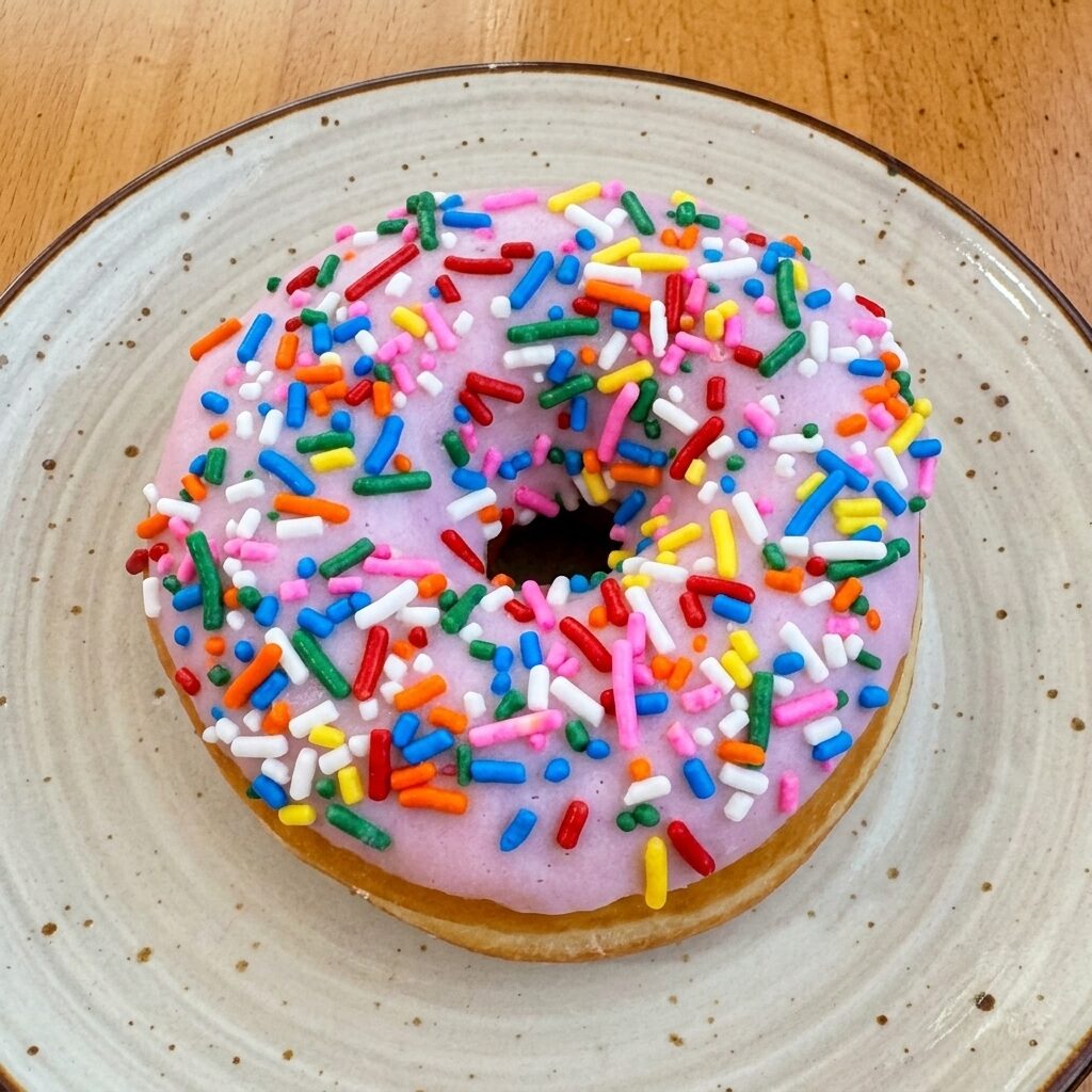Strawberry Sprinkles donut — lavender-pink glaze with rainbow sprinkles