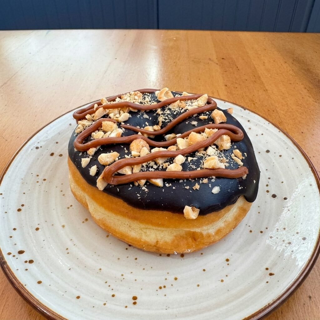 Chocolate Peanut Butter donut — chocolate glaze with peanut butter drizzle and peanuts