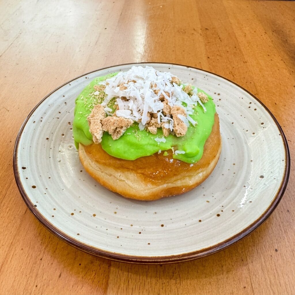 Key lime donut with green lime frosting and shredded coconut