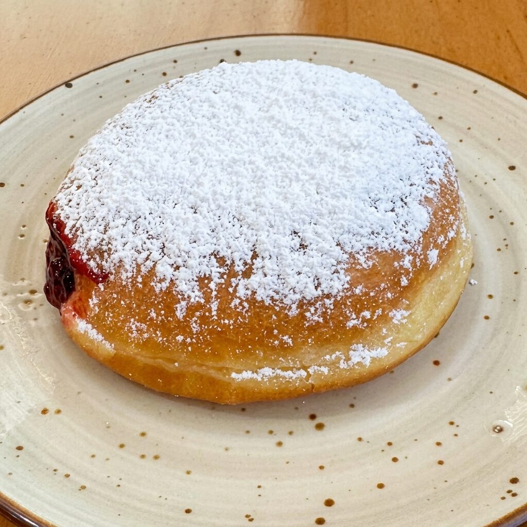 Raspberry-Filled donut — powdered sugar with red raspberry filling