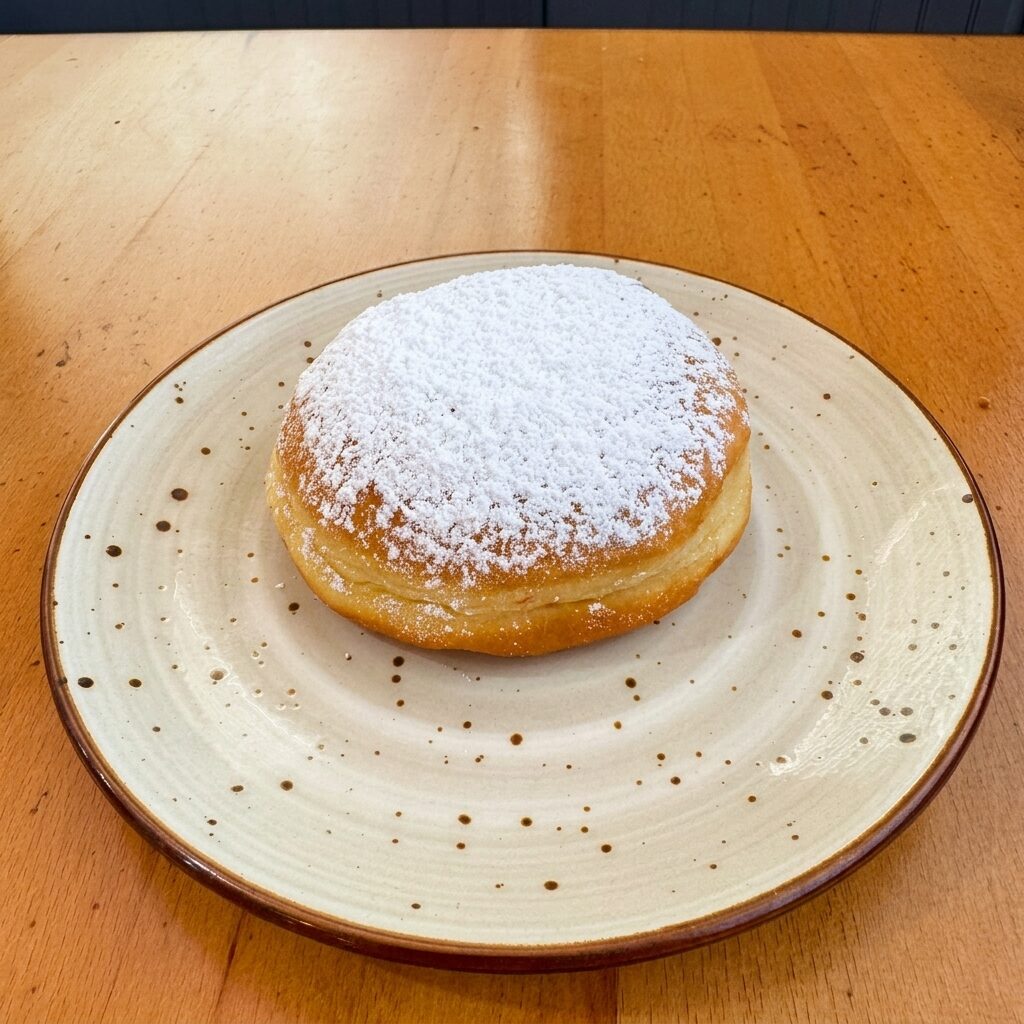 Boston Creme donut — powdered sugar coating, filled bun shape