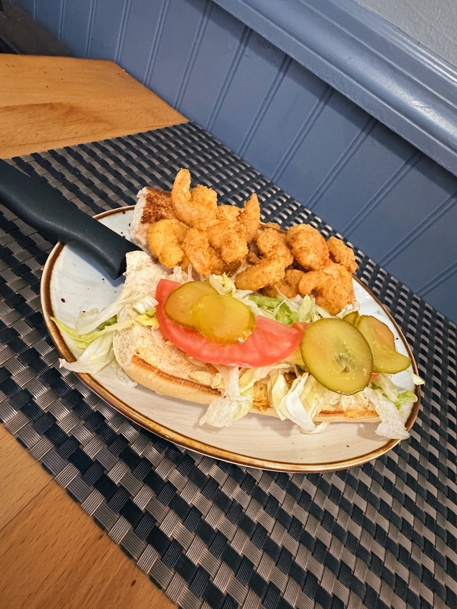 Fried shrimp po-boy sandwich with lettuce, tomato and pickles