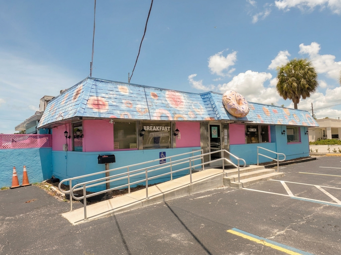 Angled view of the Heavenly Diner & Donuts storefront in Gulfport, Florida